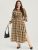 Plaid Pocket Keyhole Tie Neck Shirred Split Dress